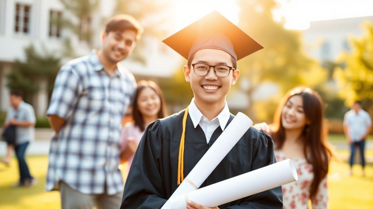 A Malaysian graduate celebrating with her scholarship certificate