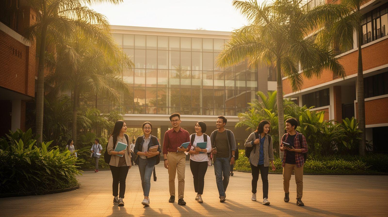 Students walking through a Malaysian university campus at sunrise