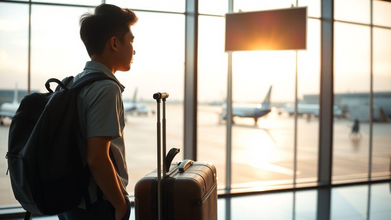 A student with luggage watching a plane from the departure gate
