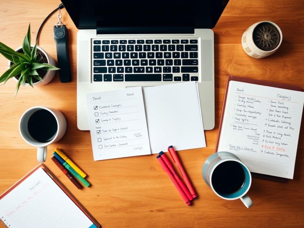 A planning desk with laptop, notes and checklists laid out
